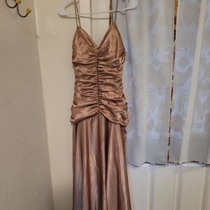 Jessica McClintock Gold Ruched Spaghetti Strap Formal Gown Vintage Y2K